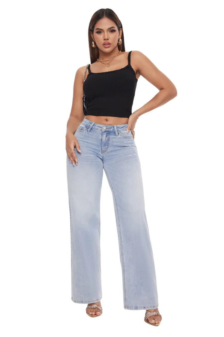 MA MID-LOW Rise Stretchy Baggy Jeans Wide Leg for Women